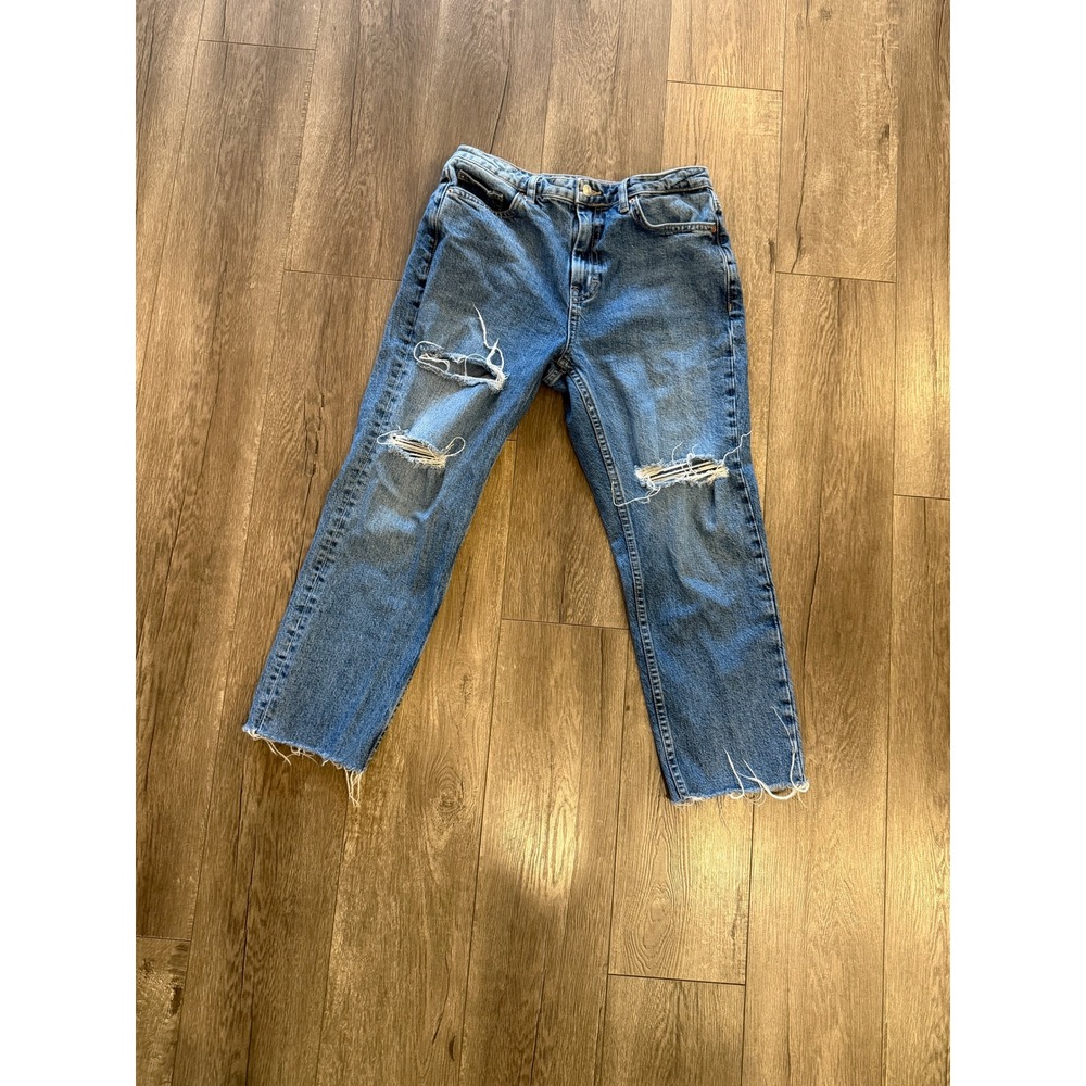 Topshop Straight Leg Distressed Blue Jeans W30 L30 High Rise Raw Hem Medium Wash